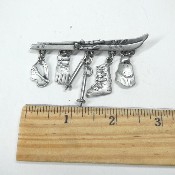 JJ Skier Pin Pewter Skiing Dangle Charms Vintage Skis Jonette - Picture 4 of 7